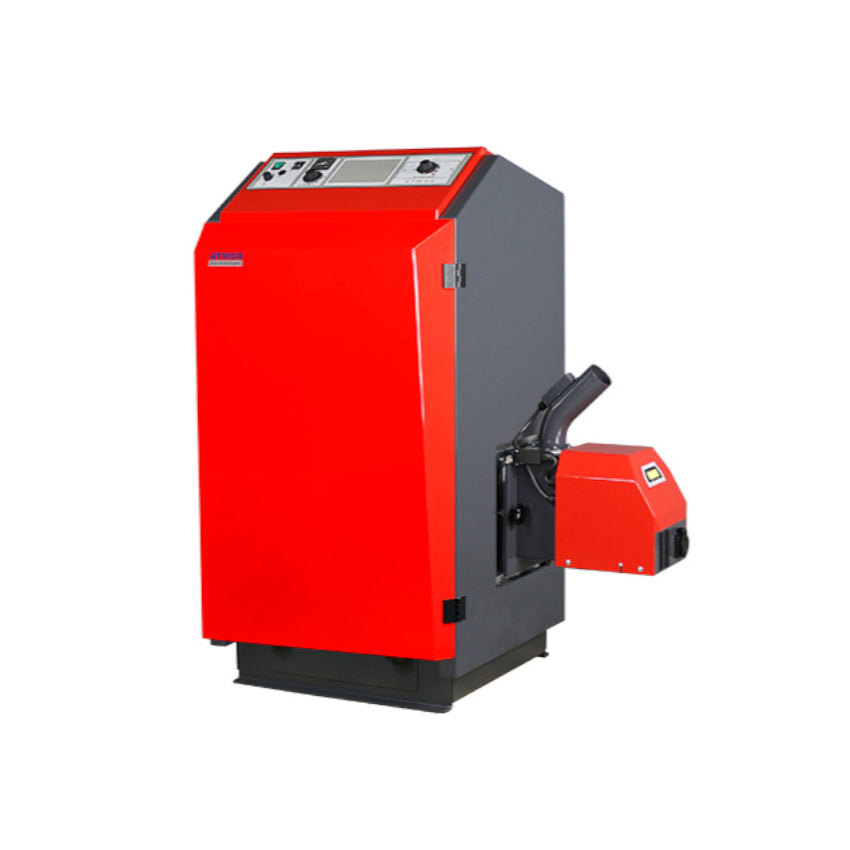 Atmos roter P14 Pelletkessel mit Brenner an der rechten Seite | klimaworld.com