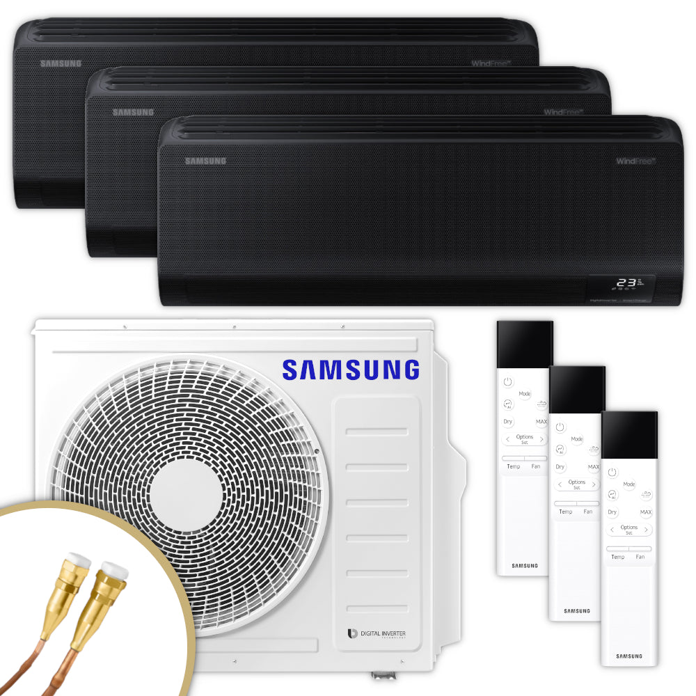 Samsung Klimaanlagen-Set mit 3 schwarzen Wandgeraeten WindFree Avant AR70F09C1ABNEU, NASA Aussengeraet, 3 Fernbedienungen und Quick-Connect Anschluss | Klimaworld.com
