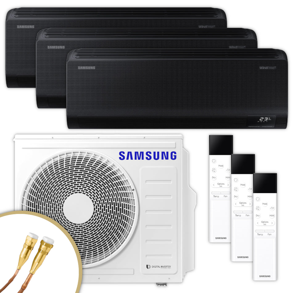 Samsung Klimaanlagen-Set mit drei schwarzen Wandgeraeten WindFree Avan, NASA Aussengeraet, 3 Fernbedienungen | Klimaworld.com