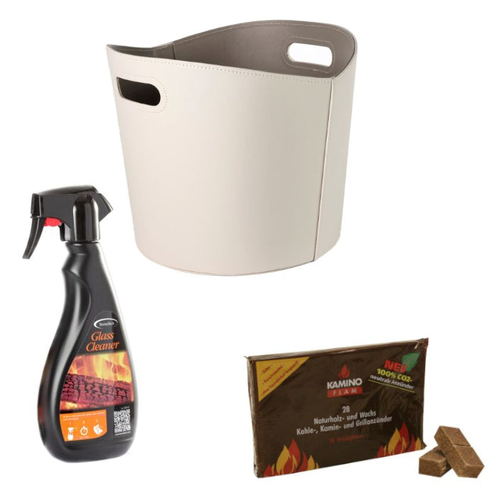 Kaminholzkorb-Set aus Lederimitat| Beige| Klimaworld.com