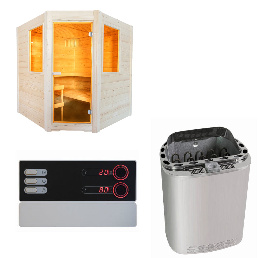 Sentiotec Sauna Set Basic Corner mit Saunaofen Scandia Next Combi und Steuerung Pro B3 | klimaworld.com