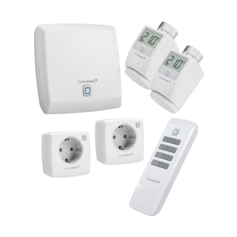 Homematic IP Basissystem Raumklima Set mit Access Point, 2 x Heizkörperthermostat, 2 x Schaltsteckdose, Fernbedienung 8 Tasten | eQ-3 | HmIP-EK-4 ➔ klimaworlv.com