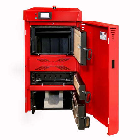 ThermoFlux Holzvergaserkessel PID Logic Lambda Plus mit 45 kW, offene Türen | Klimaworld.com