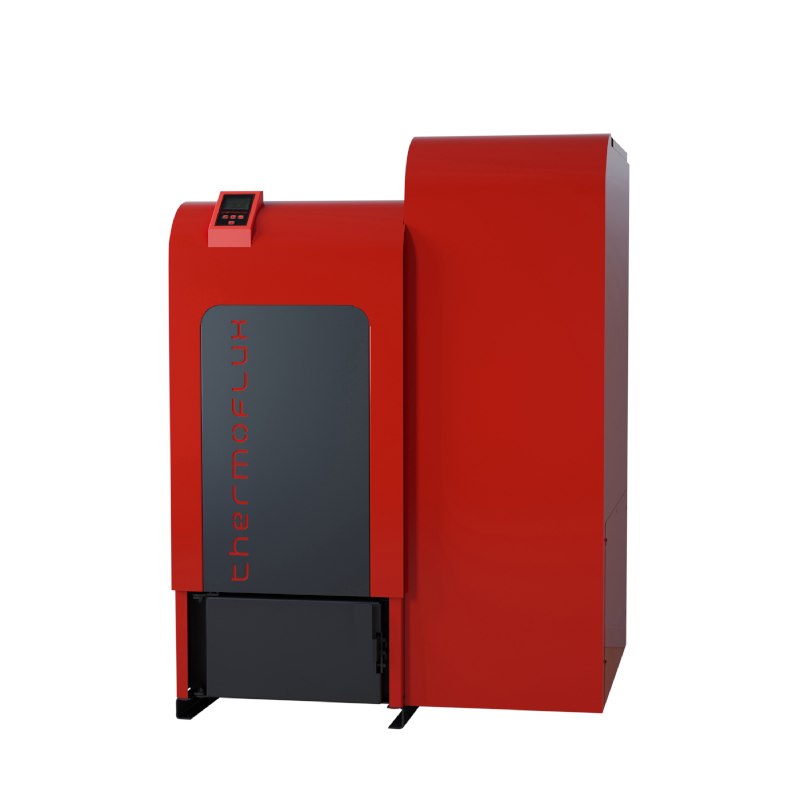 Rot-schwarzer ThermoFlux TF-PK-ECO-PLUS-25 mit seitlichem Pellettank | Klimaworld.com