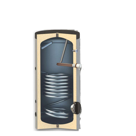 ThermoFlux Hygienespeicher im Schnitt mit integriertem Edelstahl-Waermetauscher und starker Isolierung dargestellt | Klimaworld.com