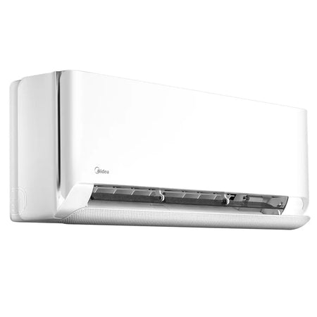 Weisses Wandgeraet Midea BreezelessE mit geoeffneter Luftklappe und gelochtem Auslass, klares modernes Design | Klimaworld.com
