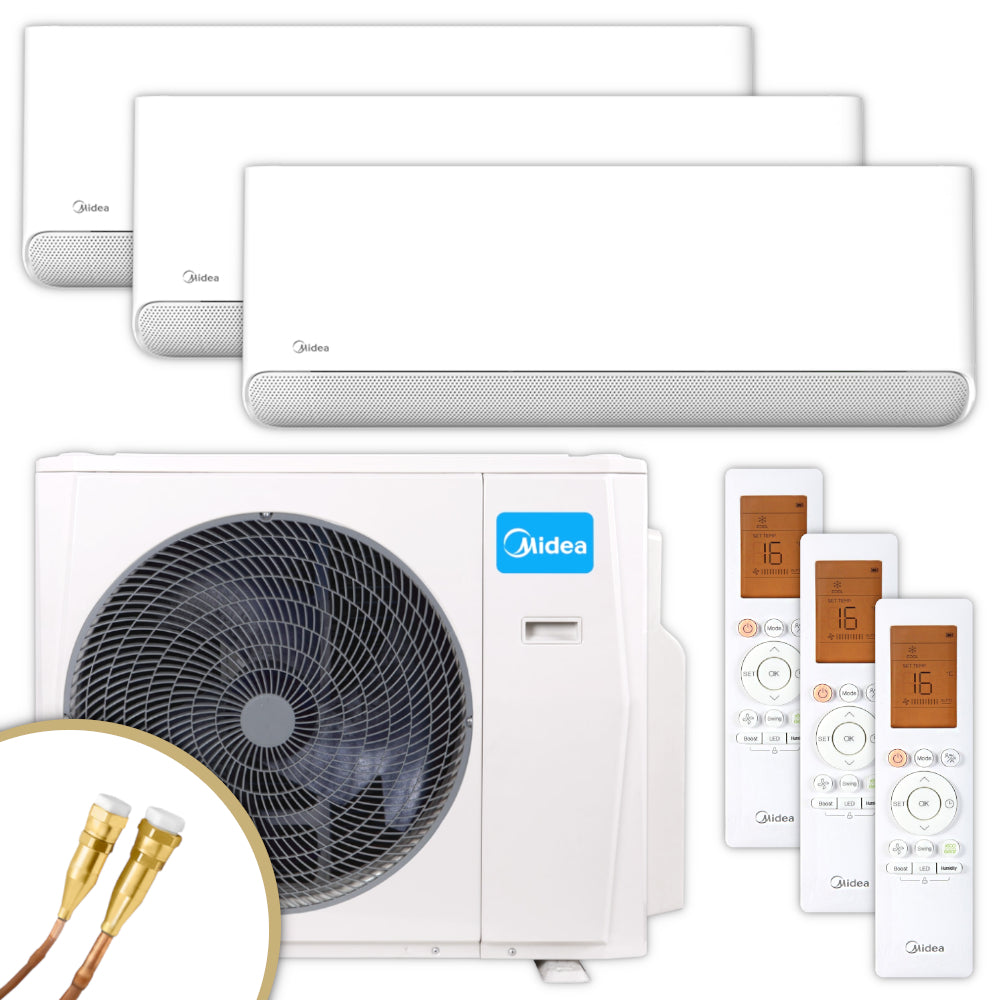 Set Midea BreezelessE mit drei weissen Innengeraeten, Aussengeraet mit blauem Logo, Quick-Connect Leitungen, drei passenden Fernbedienungen | Klimaworld.com