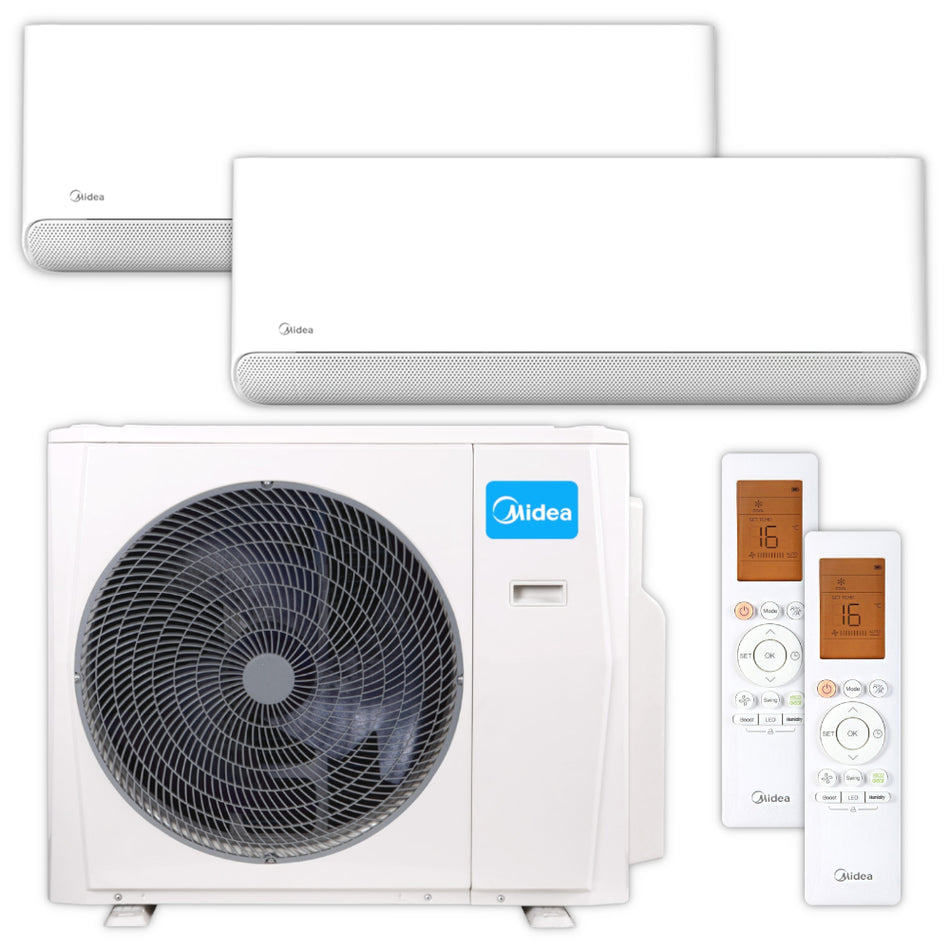 Komplettansicht des weissen MIDEA Multisplit-Klimaanlagen-Sets bestehend aus zwei Wandgeraeten, Aussengeraet und Fernbedienungen mit 16 °C als Beispiel auf dem Display | klimaworld.com