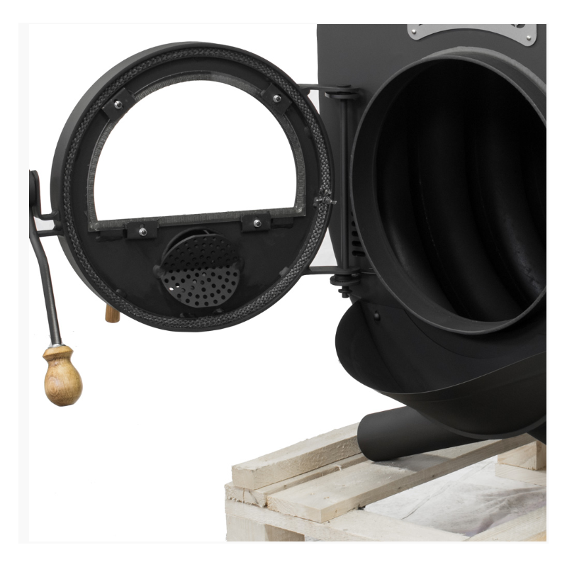 Bruno® Mini I Werkstattofen, Nahaufnahme mit offener Tuer, leerem Brennraum, Dichtung und Holzgriff | Klimaworld.com

