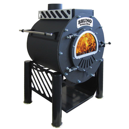 Schwarzer Bruno Warmluftofen Techno Mini auf Staender mit Flammenbild Beispiel | klimaworld.com