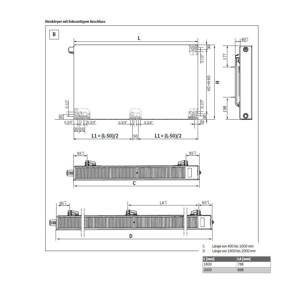 Buderus Waermepumpenheizkoerper Logatrend VC-Plan WP+ | Ansicht Heizkörper mit linksseitigem Anschluss