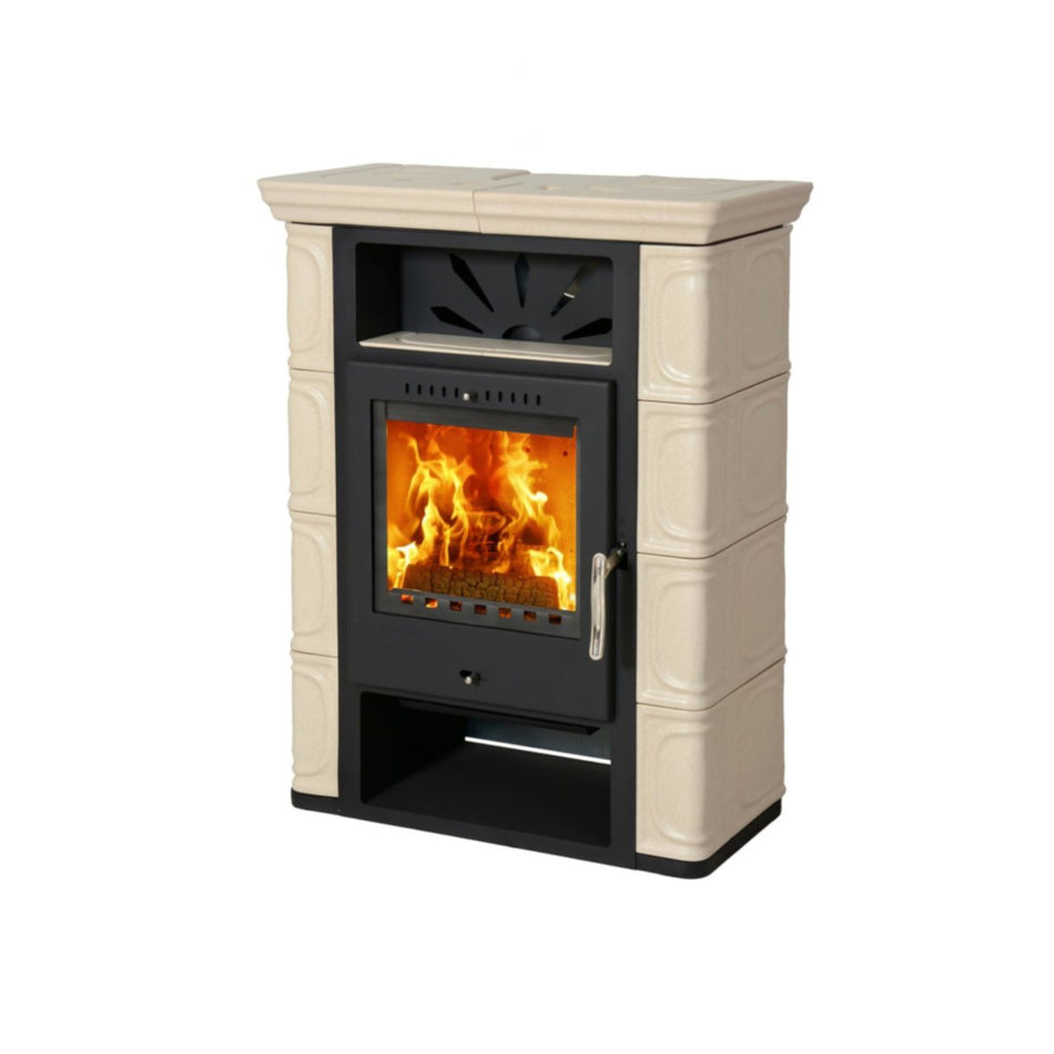 THORMA Kaminofen BORGHOLM black/TOP mit schwarzer Front, Cappuccino-farbigen Keramikseiten, Glasfeuerraum | Klimaworld.com