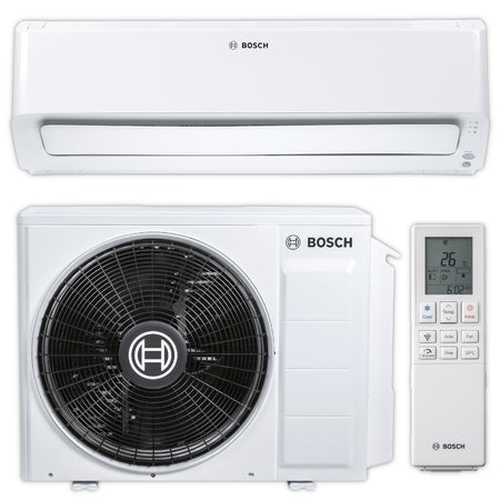BOSCH Split-Klimaanlage CLC8001i 25 E mit weissem Wandgeraet, weissem Aussengeraet mit schwarzem Luefter und digitaler Fernbedienung | Klimaworld.com