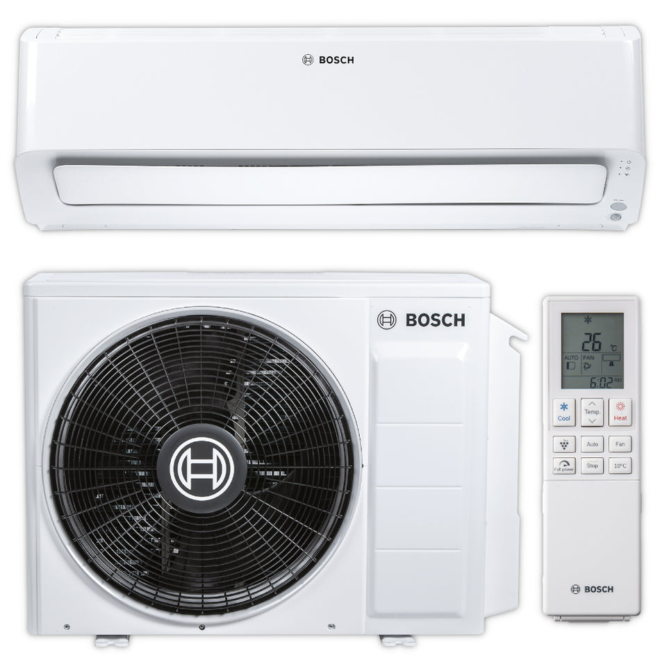 BOSCH Split-Klimaanlage CLC8001i 35 E mit weissem Wandgeraet, weissem Aussengeraet mit schwarzem Luefter und digitaler Fernbedienung | Klimaworld.com