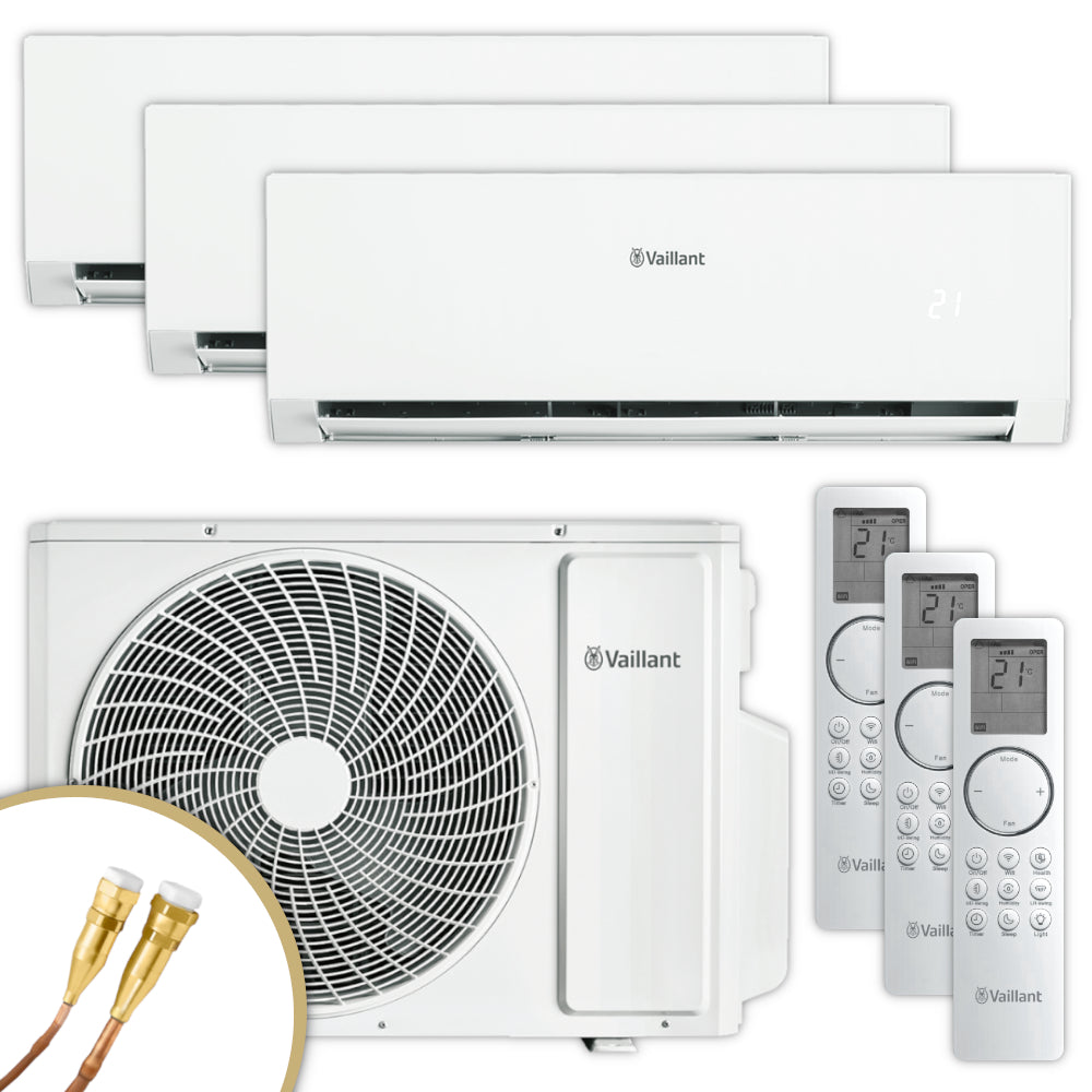 Vaillant climaVAIR plus Klimaanlagen Set mit drei Wandgeraeten, Aussengeraet, drei Fernbedienungen und Anschlusskabeln | Klimaworld.com