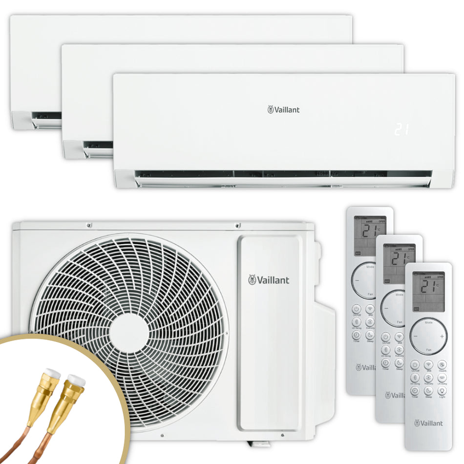 Vaillant climaVAIR plus Klimaanlagen Set mit drei Wandgeraeten, Aussengeraet, drei Fernbedienungen und Anschlusskabeln | Klimaworld.com