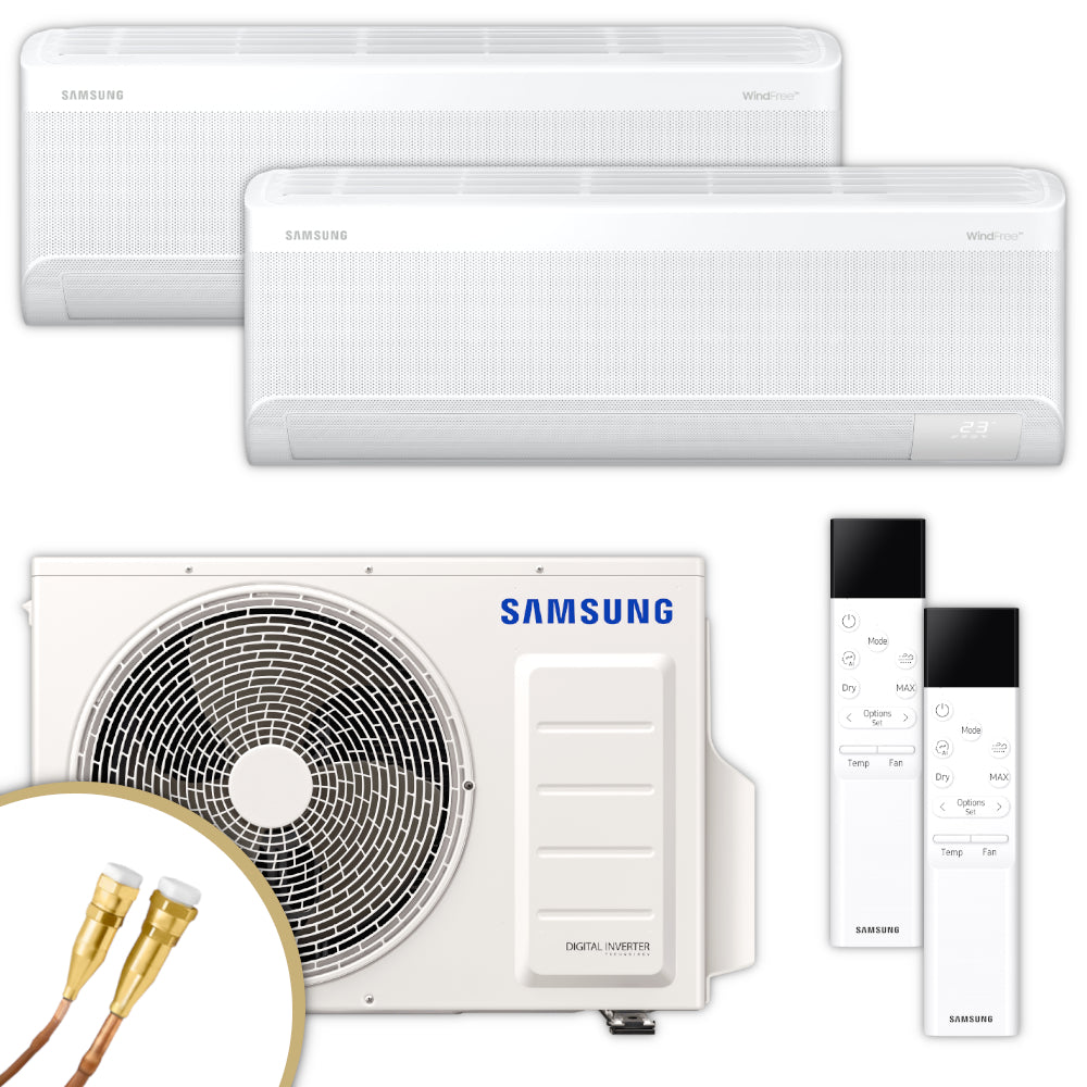Samsung WindFree Comfort Multisplit-Set mit Aussengeraet AJ050TXJ2KG/EU NASA, 2 Wandgeraeten 2,5 kW + 3,5 kW, 2 Fernbedienungen, Quick-Connect Anschlüsse | Klimaworld.com