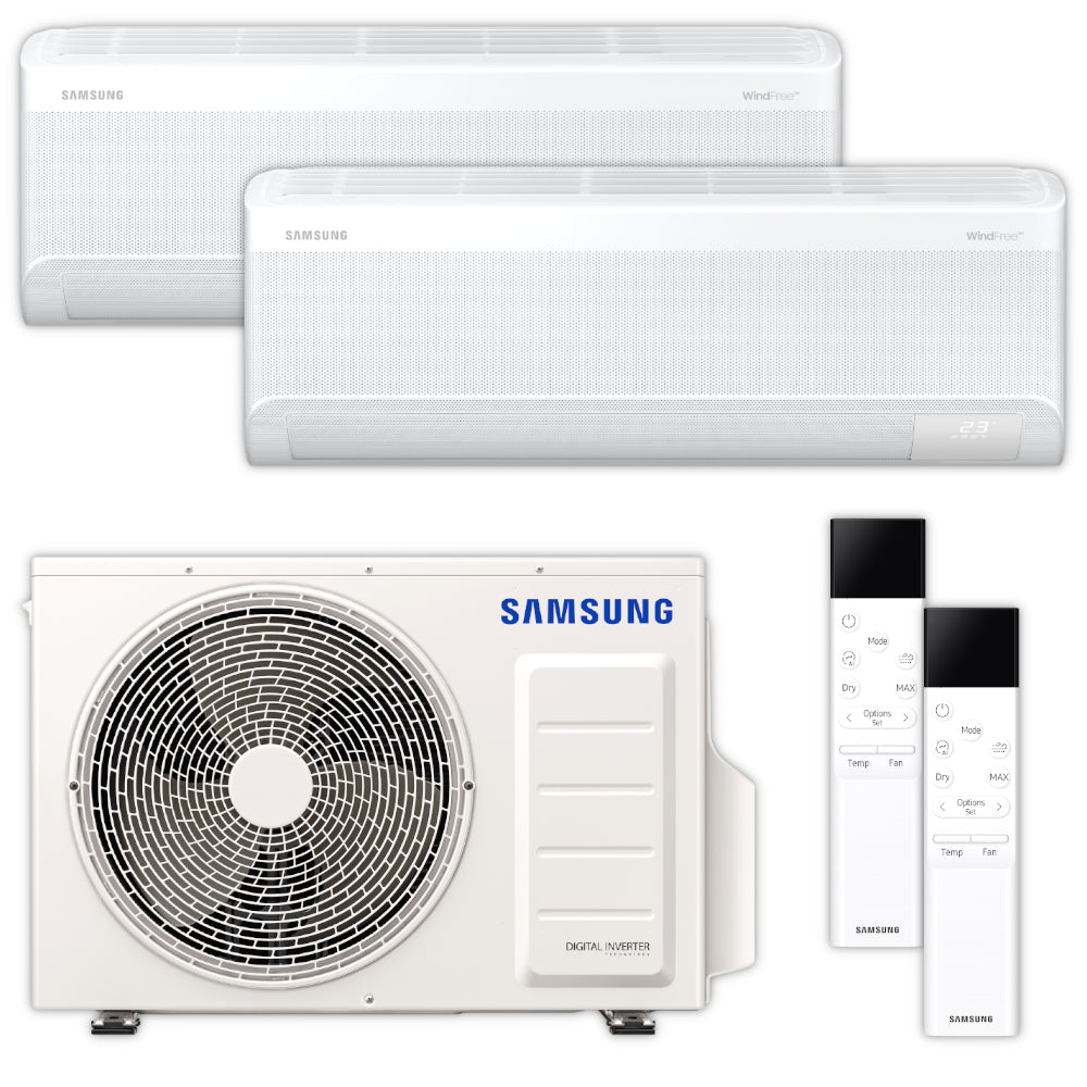 Samsung WindFree Comfort Multisplit-Set mit Aussengeraet AJ050TXJ2KG/EU NASA, 2 Wandgeraeten 2,5 kW + 3,5 kW und 2 Fernbedienungen | Klimaworld.com
