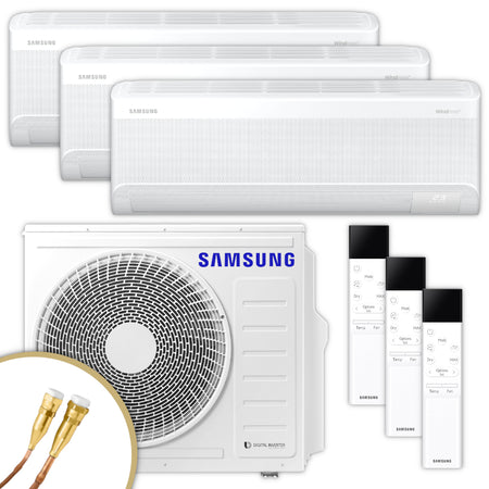 Samsung Klimaanlagen-Set mit drei weißen Wandgeraeten WindFree Avan, NASA Aussengeraet, 3 Fernbedienungen, Quick-Connect Anschlüsse | Klimaworld.com