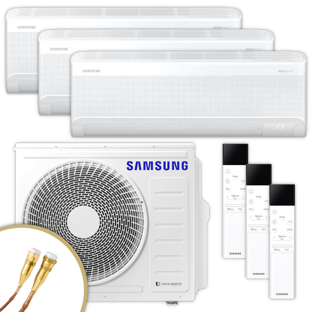 Samsung WindFree Comfort Multisplit-Set mit Aussengeraet NASA, 3 Wandgeraeten, 3 Fernbedienungen, Quick-Connect Anschlüsse | Klimaworld.com