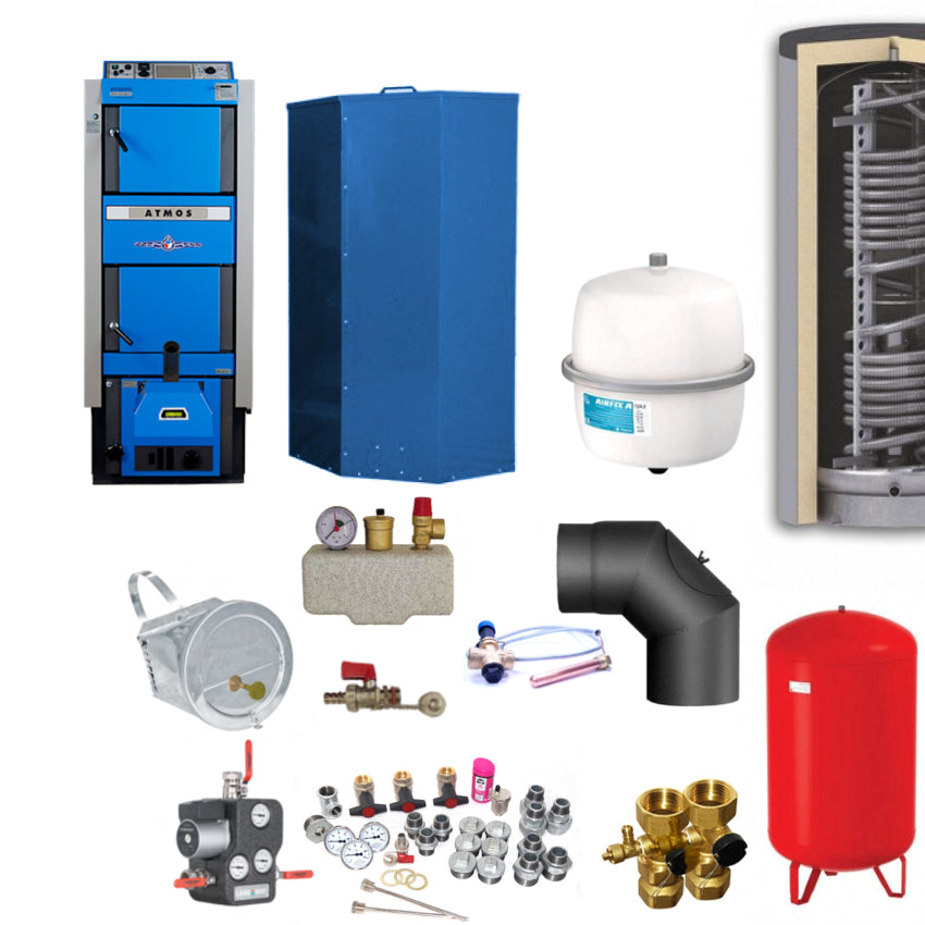 Heizungsset mit Pelletheizung, Hygienespeicher, Ausdehnungsgefaessen, Ventilen, Pumpen und Montagematerial | Klimaworld.com