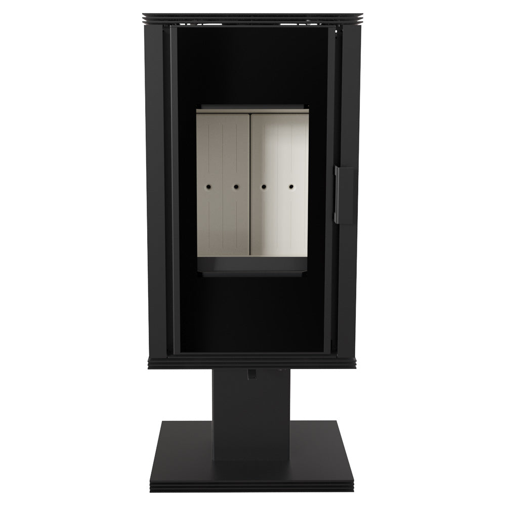 Kratki schwarzer Kaminofen Koza Enyo Flat 03 mit Standfuss, Front | klimaworld.com