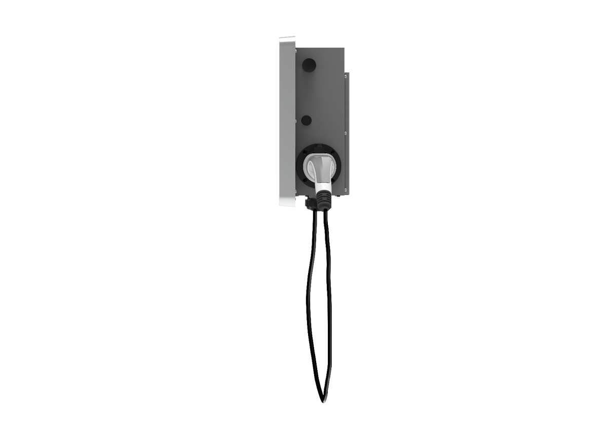 SolaX weisse Wallbox X3-EVC-11K (PXH), Seitenansicht mit Beispiel Ladekabel | klimaworld.com
