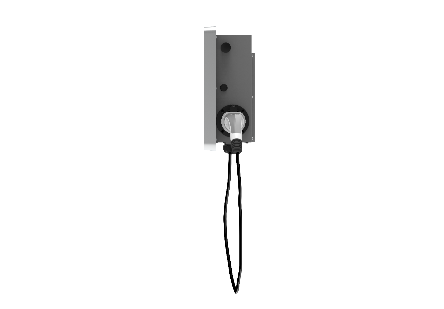 SolaX weisse Wallbox X3-EVC-11K (PXH), Seitenansicht mit Beispiel Ladekabel | klimaworld.com
