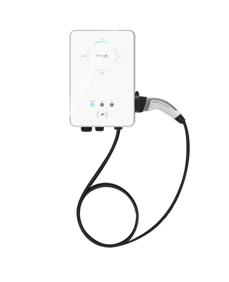 SolaX weisse Wallbox X3-EVC-11K (PXH), Frontansicht mit Beispiel Ladekabel und Display | klimaworld.com