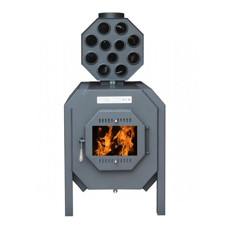 LS Kamna FALCO ECO Werkstattofen in grauem Metall mit Sichtfenster und Feuer, oben achteckiges Rohrmodul | Klimaworld.com
