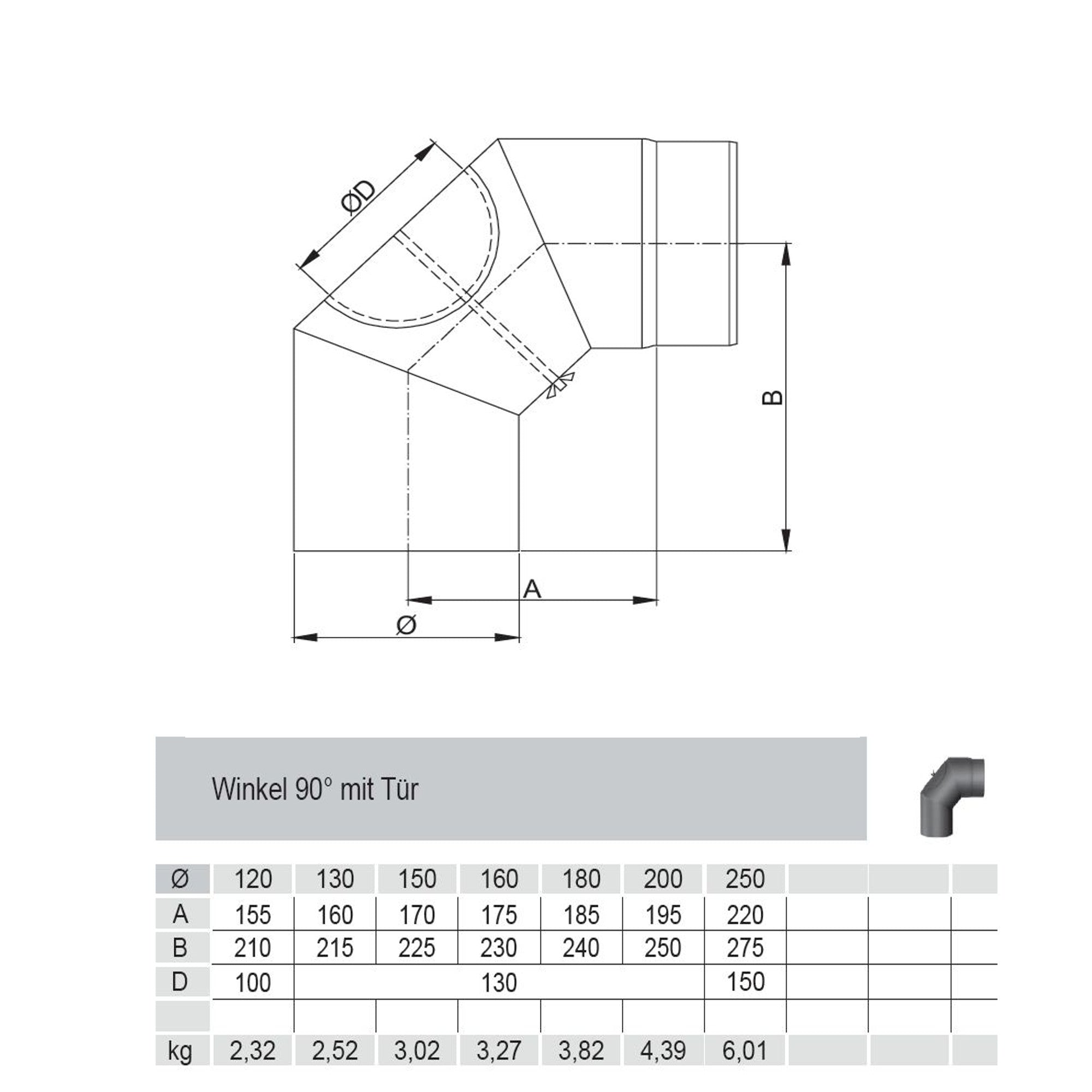 Rauchrohrbogen, Winkel 90° FERRO Durchmesser 130 mm mit Tür