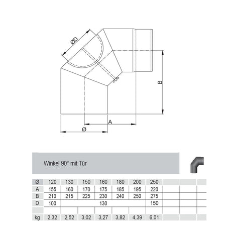 Rauchrohrbogen, Winkel 90° FERRO Durchmesser 200 mm mit Tür