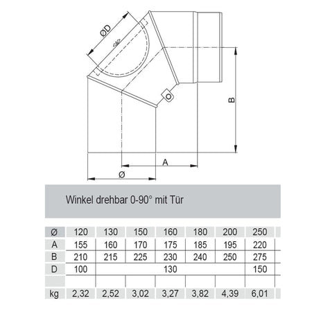 Rauchrohrbogen, Winkel drehbar 0-90° FERRO Durchmesser 150 mm mit Tür