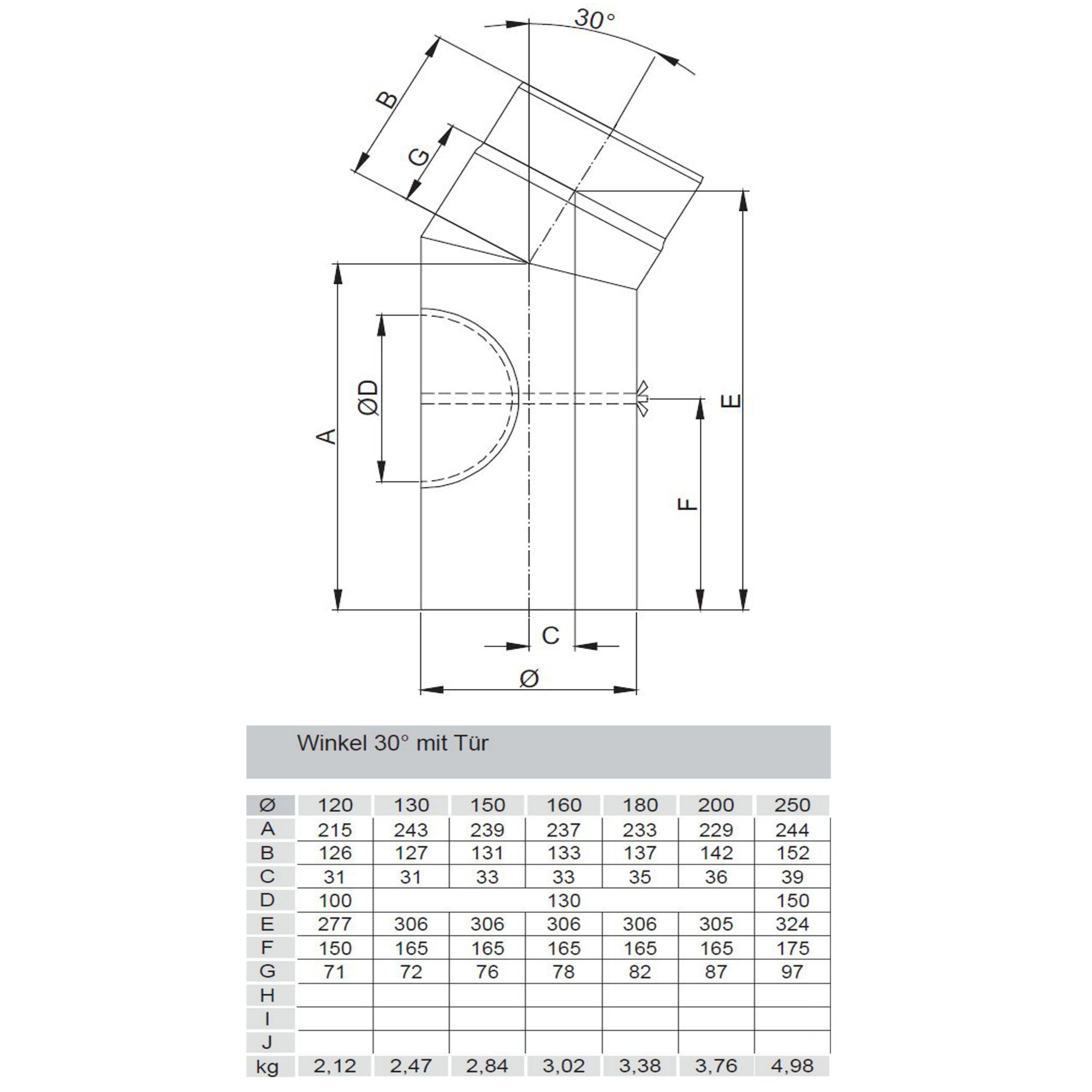 Rauchrohrbogen, Winkel 30° FERRO Durchmesser 150 mm mit Tür