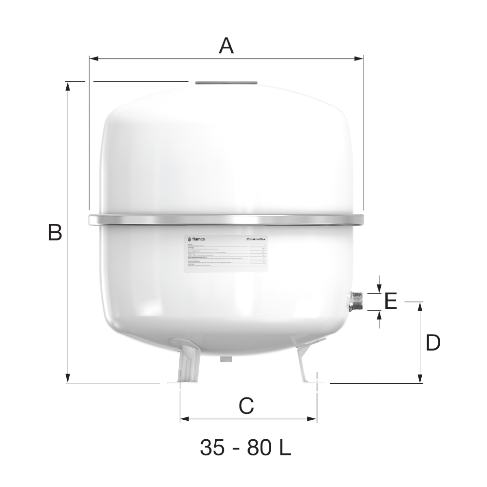 Weisser Flamco Ausdehnungsbehaelter Contraflex MAG 35–80 L mit Massangaben A bis E und drei Standbeinen | Klimaworld.com