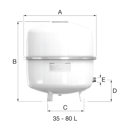 Weisser Flamco Ausdehnungsbehaelter Contraflex MAG 35–80 L mit Massangaben A bis E und drei Standbeinen | Klimaworld.com