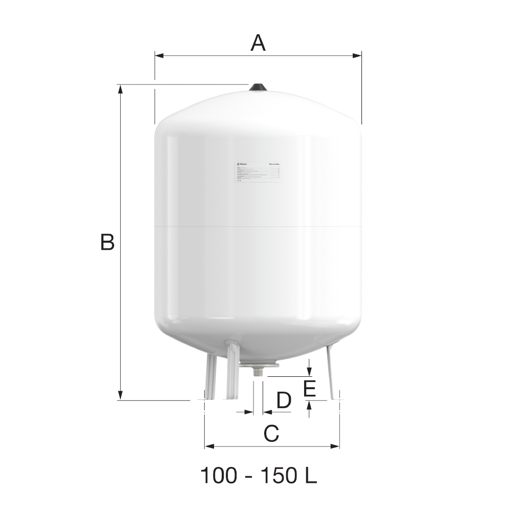 Weisser Flamco Ausdehnungsbehaelter Contraflex MAG 100–150 L mit Massangaben A bis E und drei Standbeinen | Klimaworld.com