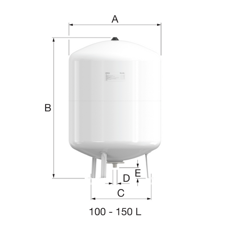 Weisser Flamco Ausdehnungsbehaelter Contraflex MAG 100–150 L mit Massangaben A bis E und drei Standbeinen | Klimaworld.com