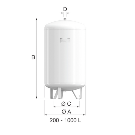 Weisser Flamco Ausdehnungsbehaelter Contraflex MAG 200–1000 L mit Massangaben A bis D und drei Standbeinen | Klimaworld.com