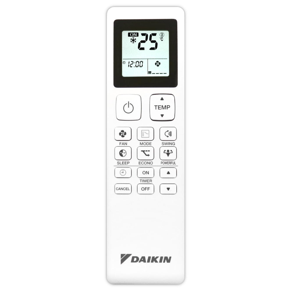 Daikin Sensira Fernbedienung in Weiss mit Display oben und vielen rechteckigen Tasten zur Steuerung der Klimaanlage | Klimaworld.com
