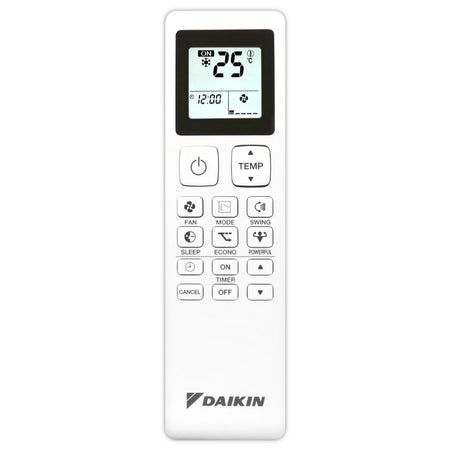 Daikin Sensira Fernbedienung in Weiss mit Display oben und vielen rechteckigen Tasten zur Steuerung der Klimaanlage | Klimaworld.com
