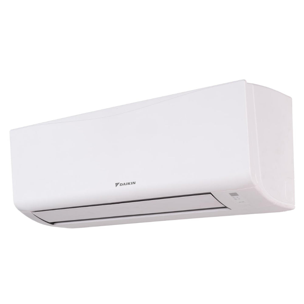 Daikin Sensira Wandgeraet in Weiss, seitlich fotografiert, mit leicht geschwungener Front und schlankem Luftauslass unten | Klimaworld.com
