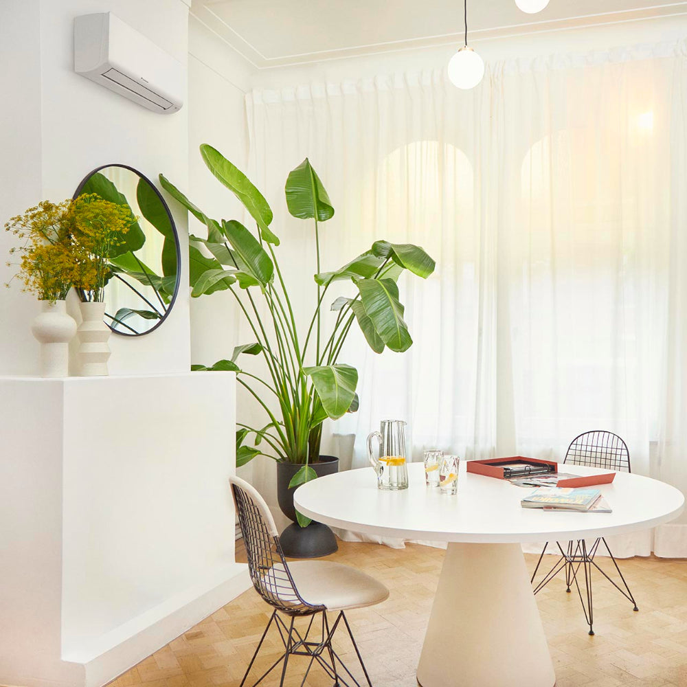 Ambientebild: Daikin Sensira Wandgeraet hoch an weisser Wand in hellem Raum mit runder Tafel, Pflanzen und Stuehlen platziert | Klimaworld.com
