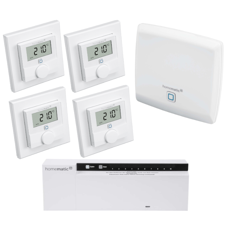 Homematic IP Fußbodenheizungssteuerung Set mit Access Point, Fußbodenheizungsaktor 10-fach, 4 x Wandthermostat, | eQ-3 | HmIP-EK-3 ➔ klimaworlv.com