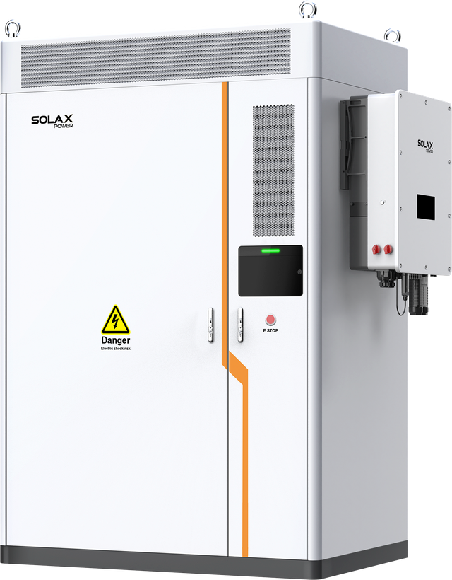 Weißer SolaX AELIO B200 Batterieschrank mit Wechselrichter X3-AELIO-50K Ansicht schraeg rechts | Klimaworld