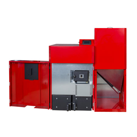 ThermoFlux Pelletheizkessel PellFlux Lambda in rot mit geoeffneter Front und sichtbarem Brennraum sowie Pelletbehaelter | Klimaworld.com