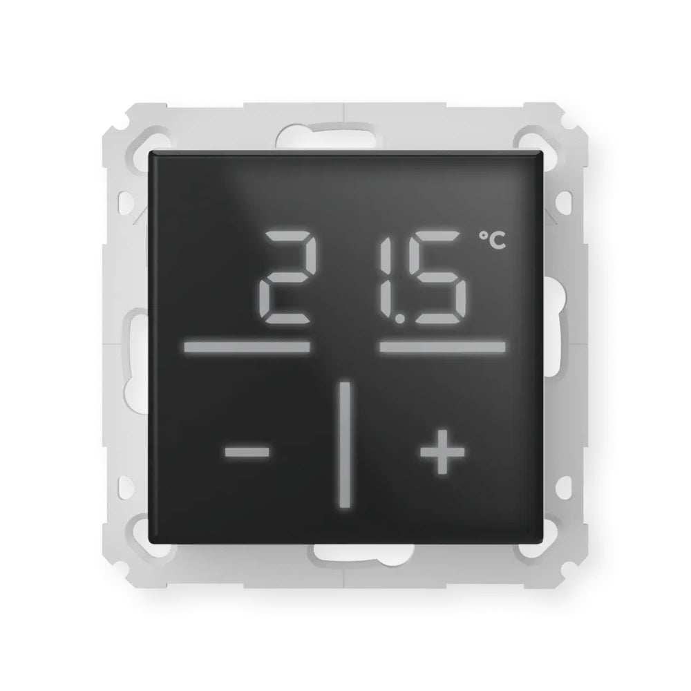 Schwarzes Homematic IP Glas-Wandthermostat mit beleuchtetem Display mit Beispiel 21,5 Grad | klimaworld