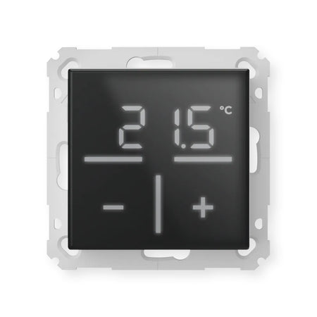 Schwarzes Homematic IP Glas-Wandthermostat mit beleuchtetem Display mit Beispiel 21,5 Grad | klimaworld