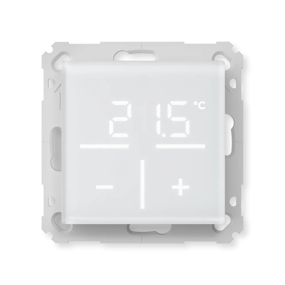 Weisses Homematic IP Glas-Wandthermostat mit beleuchtetem Display mit Beispiel 21,5 Grad | klimaworld