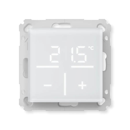 Weisses Homematic IP Glas-Wandthermostat mit beleuchtetem Display mit Beispiel 21,5 Grad | klimaworld